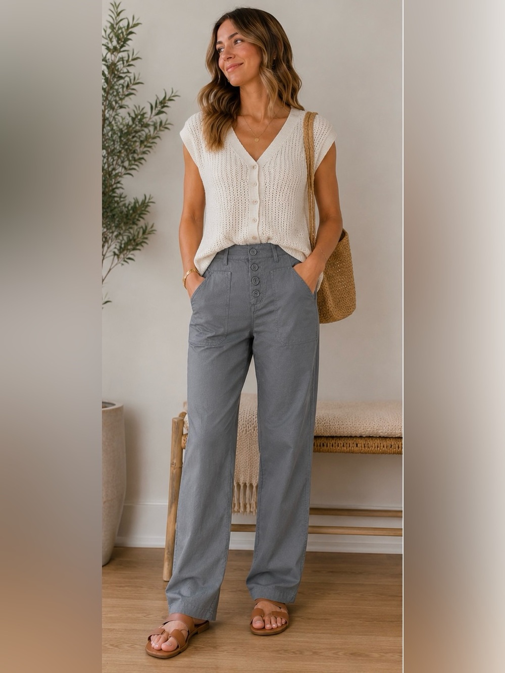Level 99 High-Rise Straight-Leg Button Front Pants — Gray CUTE!